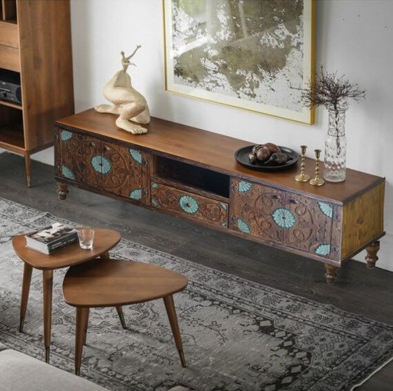 Hand Carved Solid TV Console Barn Wood Rustic Tv Stand