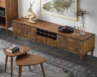 Handmade Wooden TV Console: Rustic Reclaimed Wood Media Cabinet