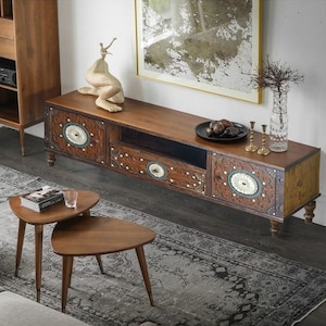 Hand Carved Wood TV Console: Rustic Barn Wood Media Stand