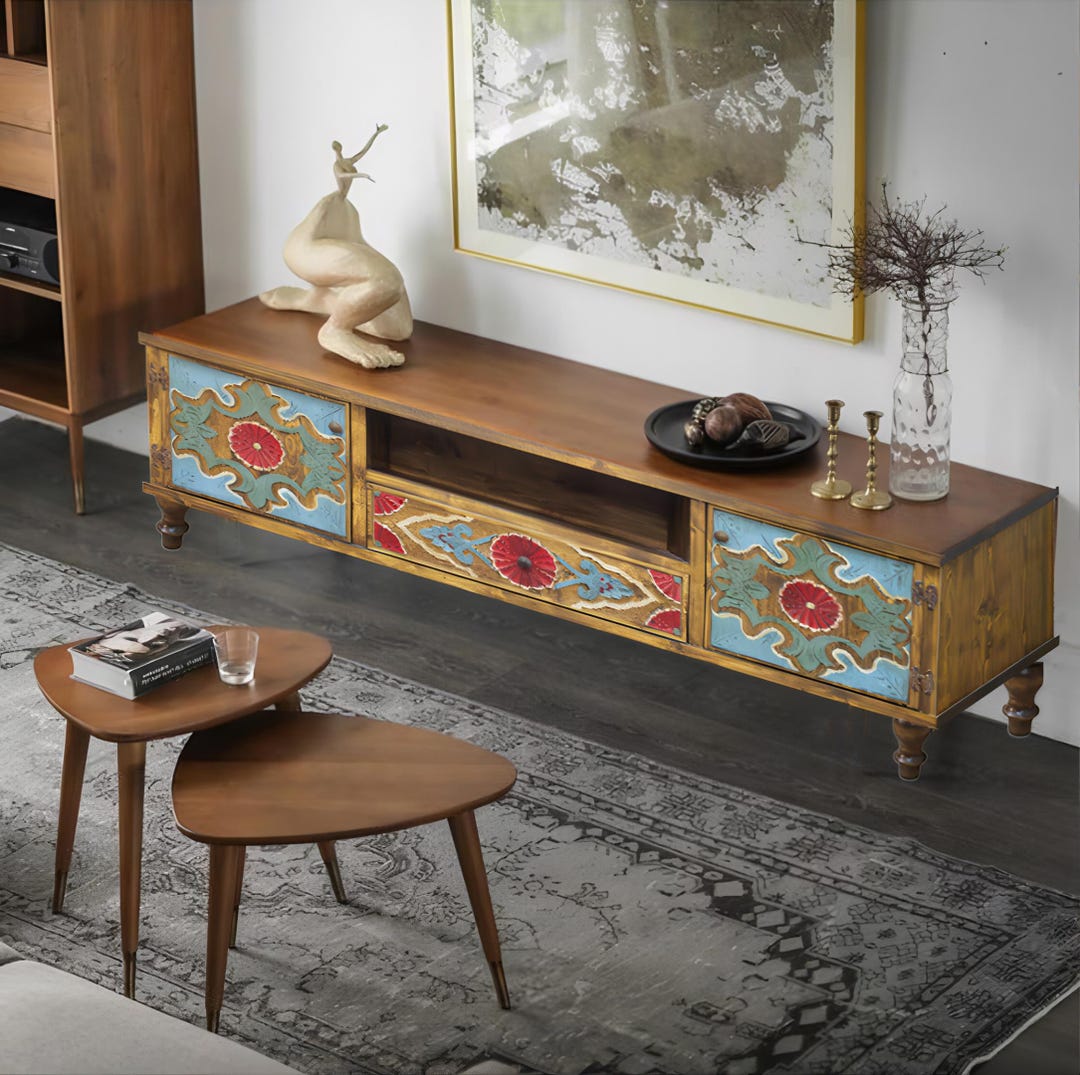 Hand Carved Wood TV Console: Rustic Painted Media Cabinet - Etsy