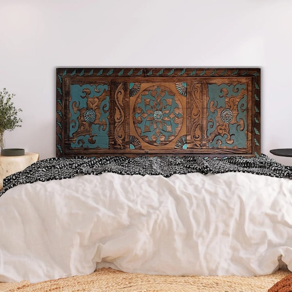 Custom Size Hand carved Solid Wood Twin Size Headboard King Queen Headboards Wood Wall Decor Bohemian Acrylic Painting Headboard Etsy
