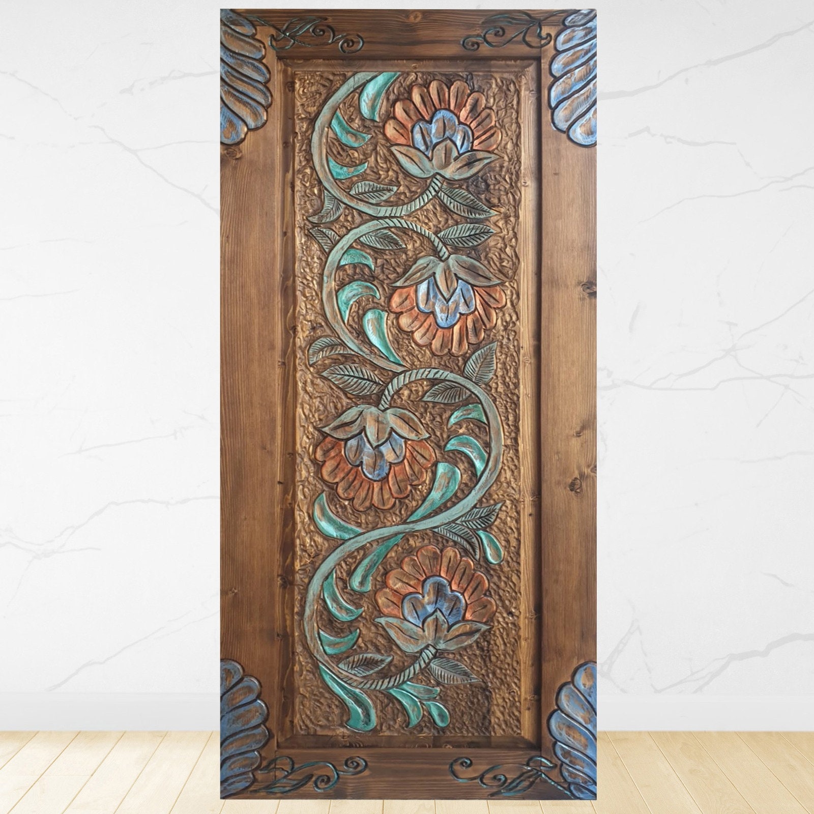 ジ*ン様 オークションで格安出品★アンティーク★天板に花柄のペイント　木製サイド Hand-carved Floral Relief Barn Door: Decorative Wood Panel - Etsy