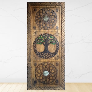 Hand-Carved Tree of Life on Exterior Wood Barn Door | Custom Sliding Door | Rustic Design with Acrylic Hand Painting Carved Secret Door