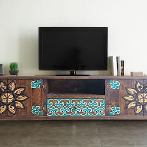 Hand Carved TV Console, Handmade Rustic TV Unit, Stylish Tv Stand, Custom Siz Wooden TV Console, Wood Entertaiment Unit