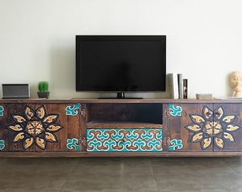 Hand Carved Rustic Wood TV Console - Custom Size