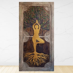 Hand-Carved Yoga Tree Barn Door: Painted Wood Double Door