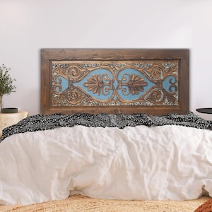 Relief Design Barn Headboard, Hand Carved Floral Headboard, Wood Authentic Headboard, Wooden Bed Frame, Rustic Wood Bed Headboard