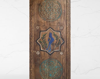 Hand Carved Wooden Bird Motif Door, Rustic Sliding Barn Door, Nature Inspired Interior Door, Custom Size Solid Wood Door, Boho Rustic Decor