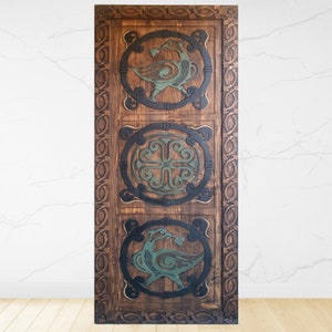 Antique Style Hand Carved Wooden Door, Acrylic Painted, Custom Size Wood Door, Exterior Doors, Unique Handmade Craftsman Doors, Single Door