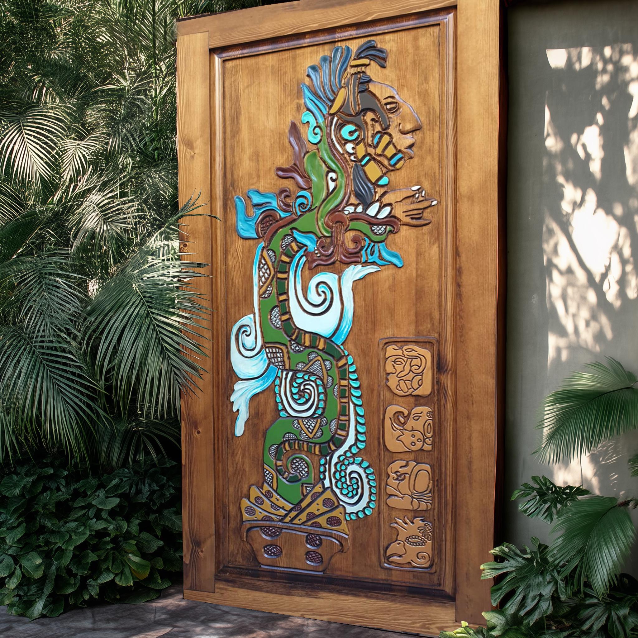 高級Hand Painted Woodgraph DORE’93 木彫り Mayan Inspired Wood Door, Hand Painted Tribal Relief Carving