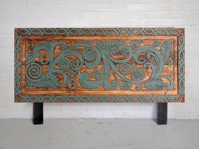 Hand Carved Woooden Decorative Large Head Board Panel, Classic Luxury Bedroom, Carved Headboards, Wooden Boho Bed Room, Wooden Footboard image 5