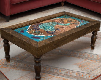 Hand Carved Peacock Coffee Table: Boho Farmhouse Decor