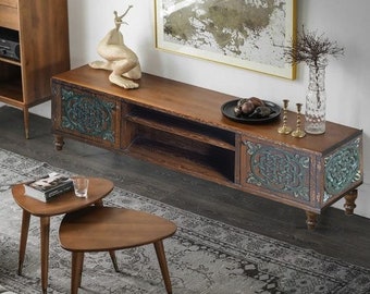 Handcrafted Media Unit, Wooden Tv Stand, Console Table with Drawers, Carved Tv Console, Wood Tv Units