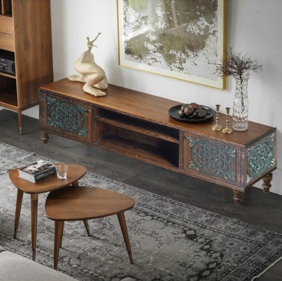 Carved wood cheap tv console