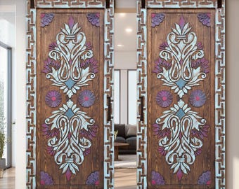 Hand-Carved Floral Barn Door: Custom Painted Sliding Wooden Door