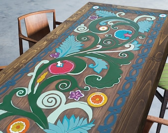 Hand-Carved Wood Dining Table: Rustic Floral Design, 75x35