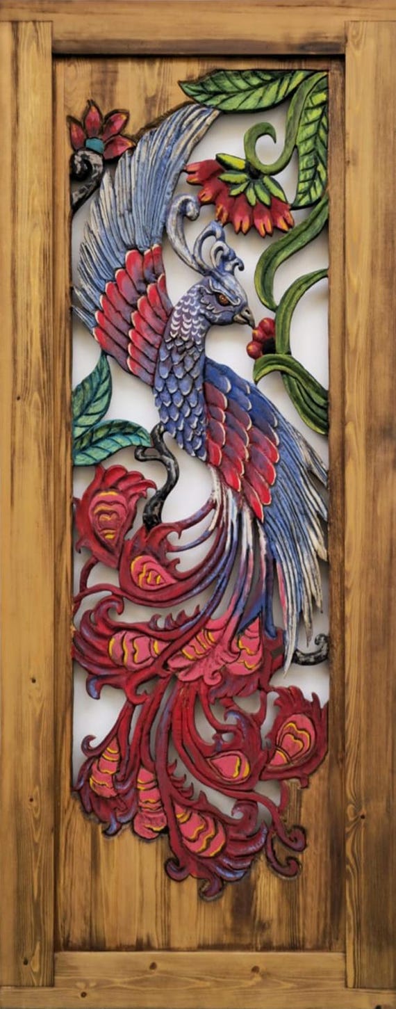Hand-carved Phoenix Bird Barn Doors, Double Sliding Solid Wood