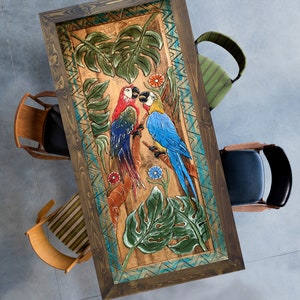 Papegaai ontwerp gesneden tafel, boerderij houten tafel, woonkamertafel, op maat gemaakte tafel, op maat gemaakte grote tafel, keukentafel