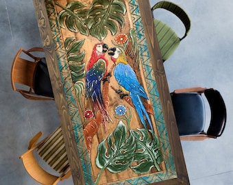Parrot Design Carved Wood Table: Custom Living Room Decor