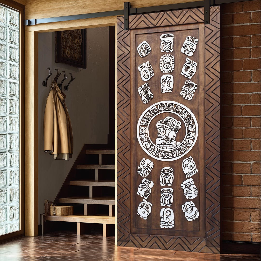 Welcome 板　手彫り　アジアン Hand-carved Mayan Door: Unique Wooden Entryway, Mesoamerican