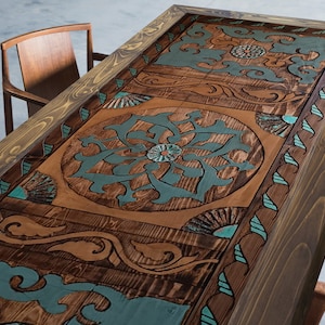Wooden Hand-carved Table, Unique Design Carved Table for Living Room, Wood Table for Kitchen, Farmhouse Dine Table, Custom Size Dining Table