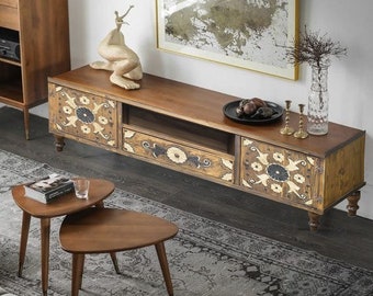 Hand Carved Barn Wood TV Console: Rustic Solid Wood Media Stand
