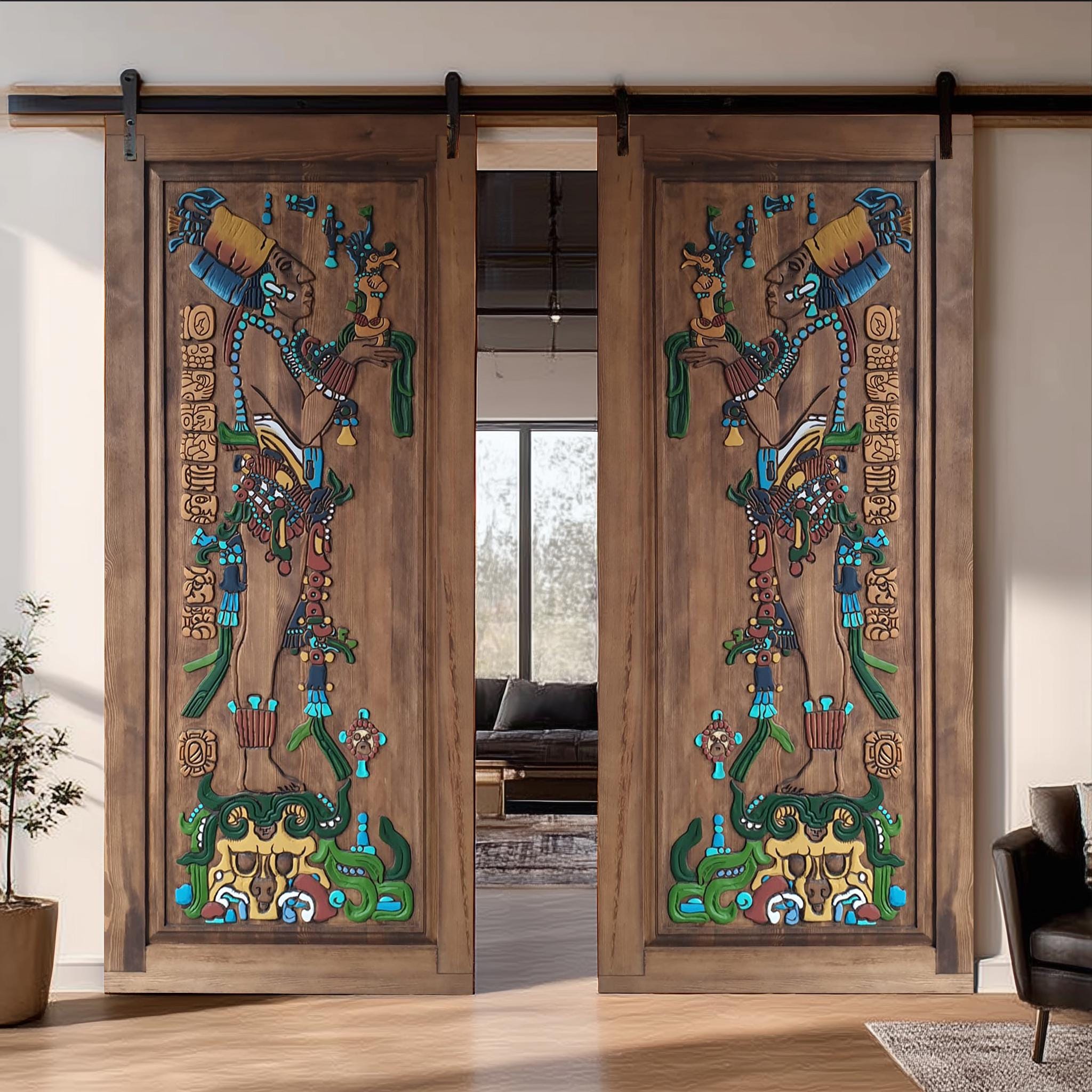 Hand Carved Mayan Wooden Door, Ancient Civilization Inspired