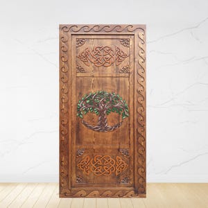 Hand-Carved Tree of Life on Reclaimed Wood Barn Door | Custom Sliding Door | Rustic Design with Acrylic Hand Painting Carved Door