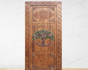 Hand-Carved Tree of Life on Reclaimed Wood Barn Door | Custom Sliding Door | Rustic Design with Acrylic Hand Painting Carved Door