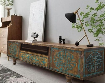 Hand Carved Wooden TV Console: Rustic Entertainment Unit