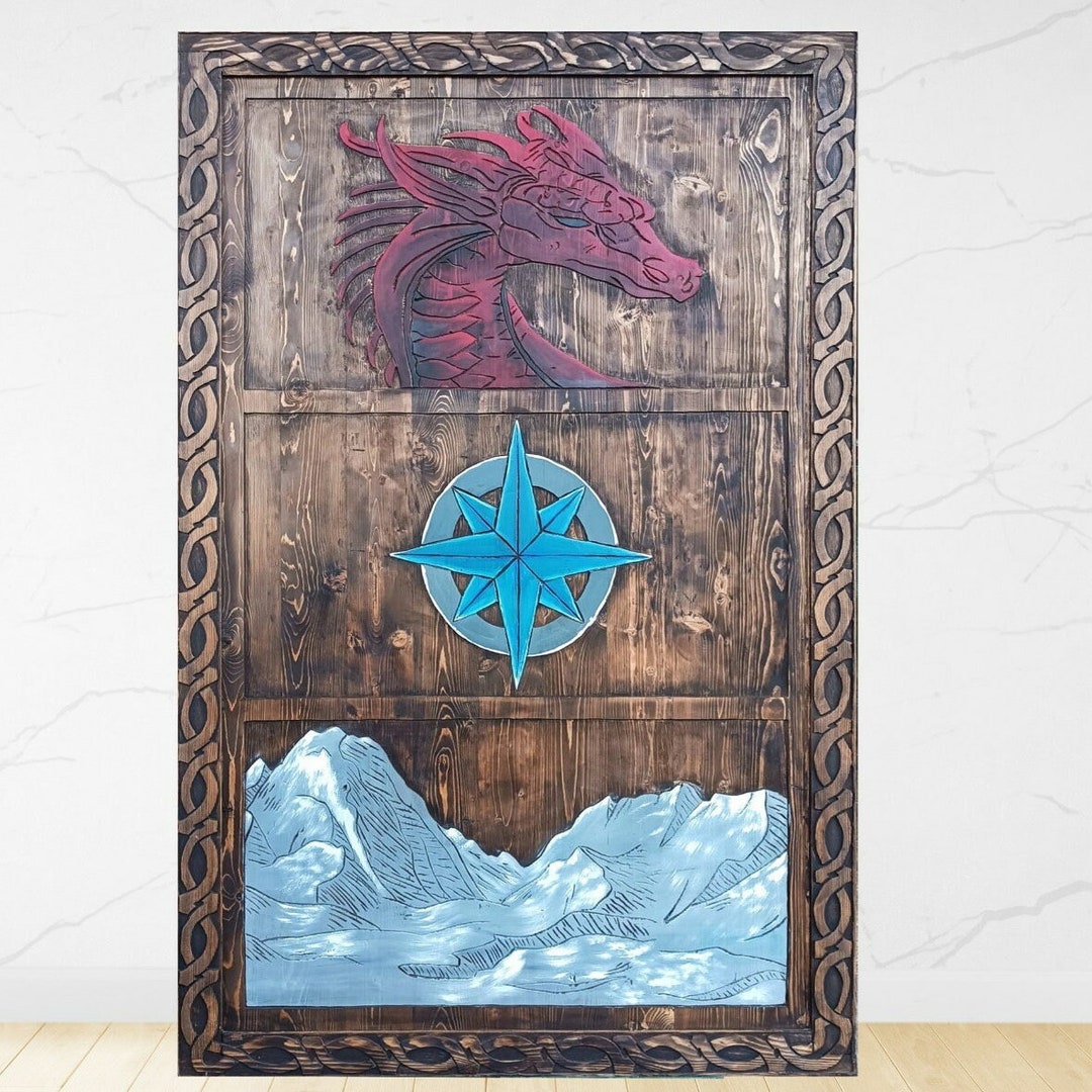 Dragon Hand Carved Door, Unique Dragon With Compass Wooden Door, Carved ...