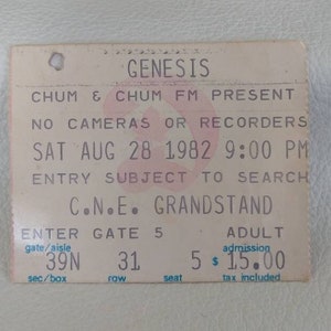 Genesis Konzert Stub Ticket Toronto1982 Antique Fan Retro Vintage Seltene CNE Tribüne Phil Collins Rock Weihnachtsgeschenk Strumpf Stuffer