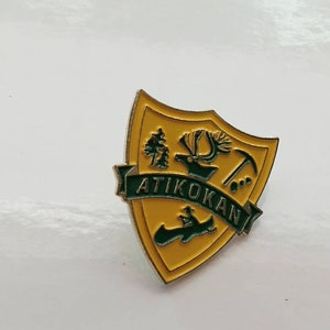 Atikokan Ontario Provincial Coat of Arms Pin Plane Canada Pinback vintage antique Canadian Christmas Gift Stocking Stuffer