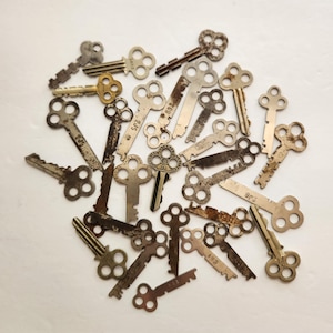 Puede incluir: Un conjunto de llaves antiguas de diversas formas y tamaños, dispersas sobre una superficie blanca. Las llaves son principalmente metálicas, con tonos plateados, dorados y marrones, mostrando signos de desgaste. Algunas llaves tienen números grabados.