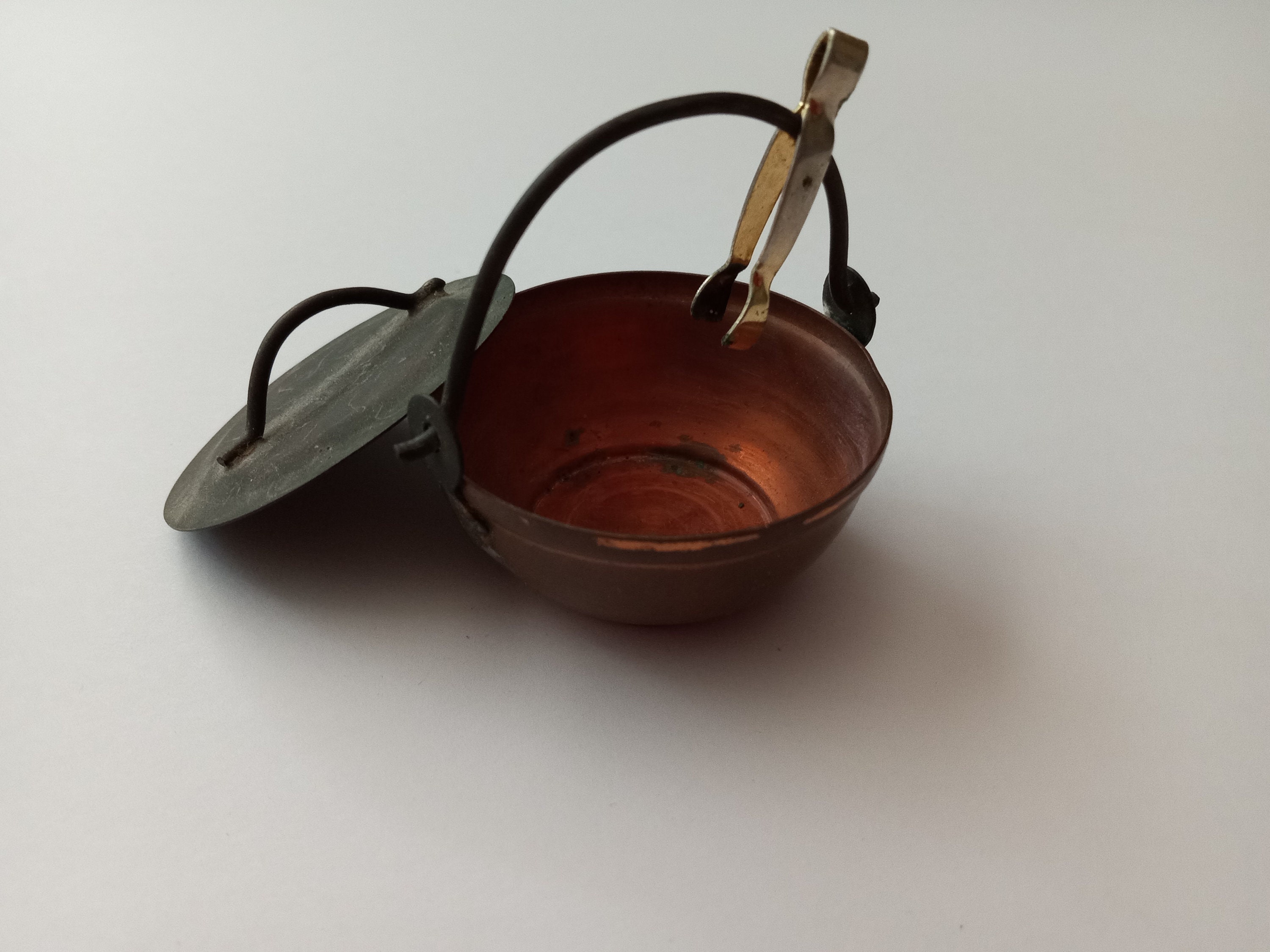 Small Miniature Brass Trinket Pot with Lid and Thongs Vintage Antique Cool Gift Idea Accessories Home Decor Cottagecore FairyCore Display