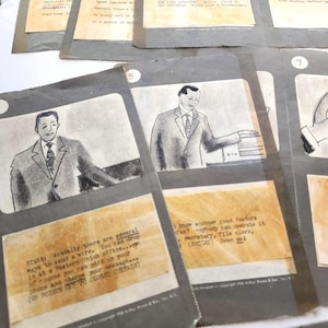 Vintage Story Board über die Bedienung eines Telefaxgeräts. 24 Tafeln Fernseh-Werbungen Trainings-Video VHS antiken Zeichentrickfilm