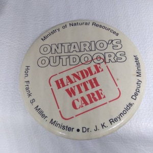 Ontario&#39;s Outdoor Ministry Natural Resources Button Antique Pinback Pin Vintage 1980&#39;s skier mountain jacket Christmas Gift Stocking Stuffer