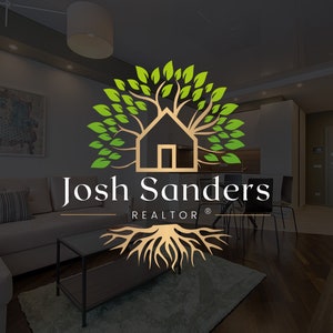 Logo arbre et maison, création de logo agent immobilier, modèle Canva de kit de marque, logo de jardinage or et vert, image de marque des médias sociaux immobiliers