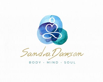 Wellness Logo Design: Yoga Silhouette, Watercolor Circles (Canva Template)