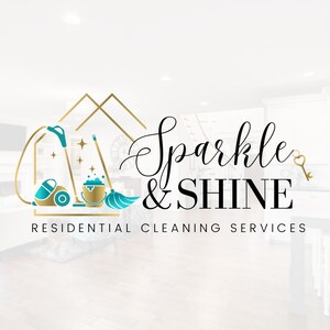 May include: A logo for a residential cleaning service called "Sparkle & Shine". The logo features a gold house with a vacuum cleaner, a bucket, and a mop inside. The text "Sparkle & Shine" is written in a cursive font with a gold key icon.
