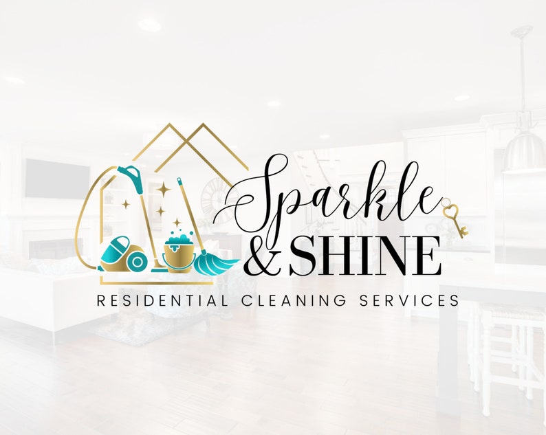 May include: A logo for a residential cleaning service called "Sparkle & Shine". The logo features a gold house with a vacuum cleaner, a bucket, and a mop inside. The text "Sparkle & Shine" is written in a cursive font with a gold key icon.