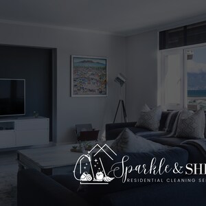 May include: A logo for a residential cleaning service called "Sparkle & Shine" with a stylized image of cleaning supplies, including a broom, a bucket, and a vacuum cleaner.