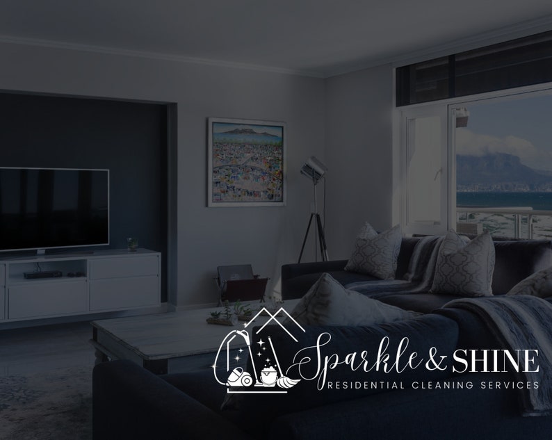 May include: A logo for a residential cleaning service called "Sparkle & Shine" with a stylized image of cleaning supplies, including a broom, a bucket, and a vacuum cleaner.