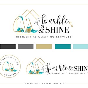 May include: A logo design template for a residential cleaning service called "Sparkle & Shine". The logo features a gold house outline with a vacuum cleaner, a bucket, a broom, and a key. The text "Sparkle & Shine" is in a cursive font with a gold key symbol. The logo is accompanied by a color palette of black, gray, gold, teal, and light blue.