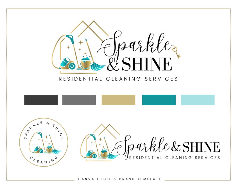 May include: A logo design template for a residential cleaning service called "Sparkle & Shine". The logo features a gold house outline with a vacuum cleaner, a bucket, a broom, and a key. The text "Sparkle & Shine" is in a cursive font with a gold key symbol. The logo is accompanied by a color palette of black, gray, gold, teal, and light blue.
