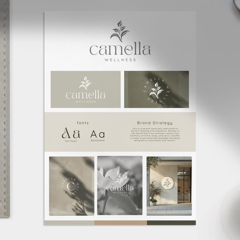 Luxury wellness brand identity displayed on a clipboard, featuring elegant typography and a nature-inspired design.