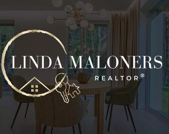 Könnte beinhalten: Ein goldenes und weißes Logo mit dem Text "LINDA MALONERS REALTOR®" in einem Kreis mit einem Haus- und Schlüssel-Design. Das Logo befindet sich vor einem Esszimmer mit einem Tisch und Stühlen.
