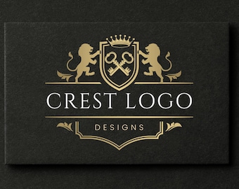 Gold Crest and Lions Logo, Luxury Logo Design, Crown Logo, Coat of Arms Logo, Hotel Logo, Royal Logo, Canva Template, Realtor Branding Kit