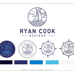 A modern logo and branding design featuring a compass motif with a sailing boat. Round circle frame with ocean waves, clouds, seagulls and a yacht. Perfect for any nautical business, yacht clubs, sailing, summer holidays, vacation and travel.
