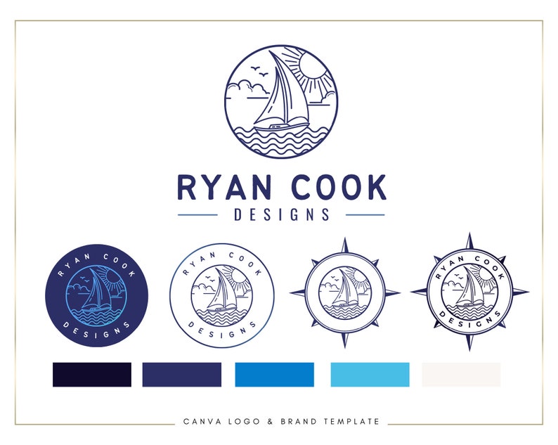 A modern logo and branding design featuring a compass motif with a sailing boat. Round circle frame with ocean waves, clouds, seagulls and a yacht. Perfect for any nautical business, yacht clubs, sailing, summer holidays, vacation and travel.